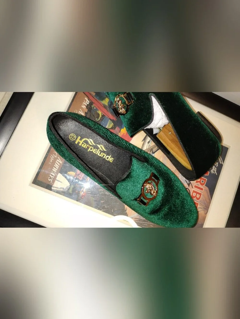 Harpelunde Medical Symbol Buckle Green Velvet Loafers. Size 13